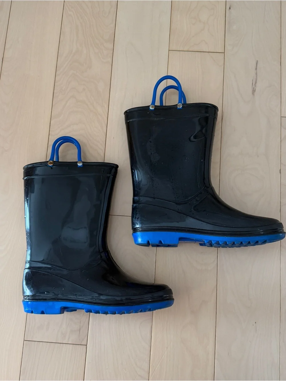Kids Black Rain Boots with Blue Trim and Handles